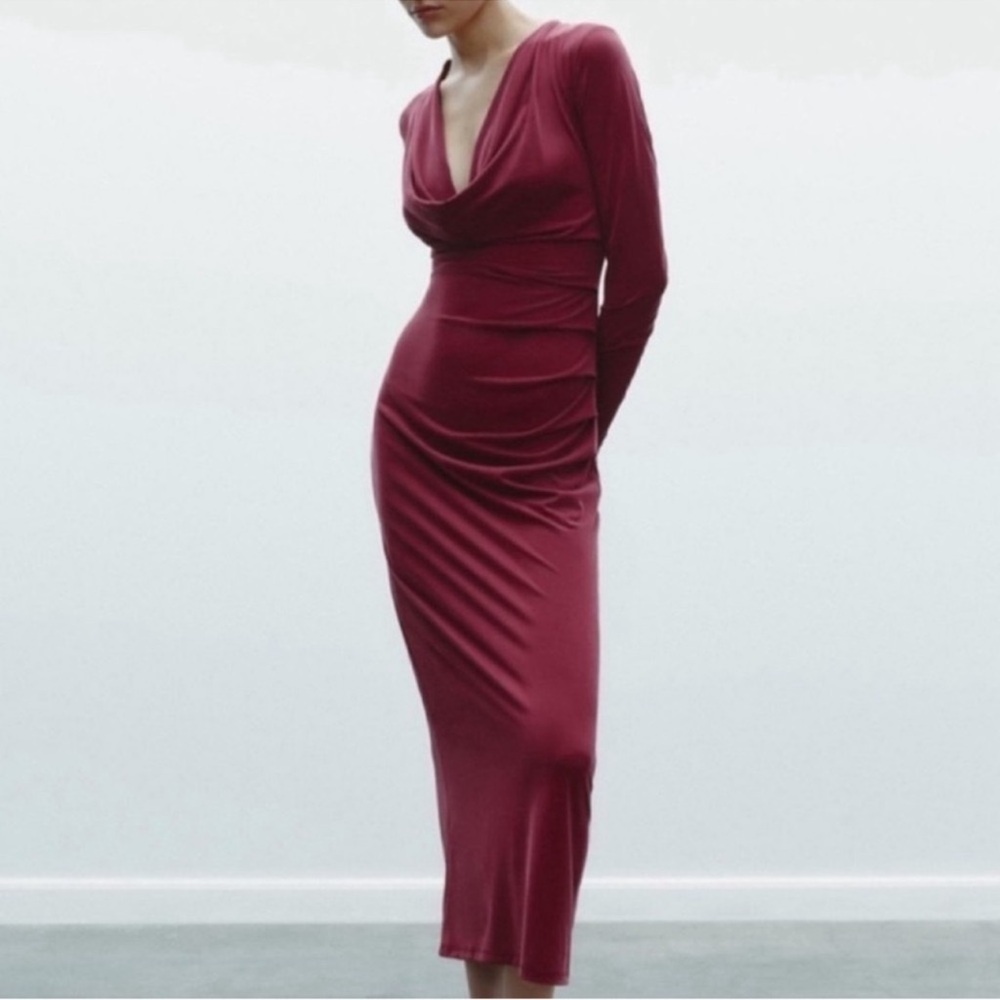 Zara Burgundy Long Sleeve Cowl-Neck Midi Dress